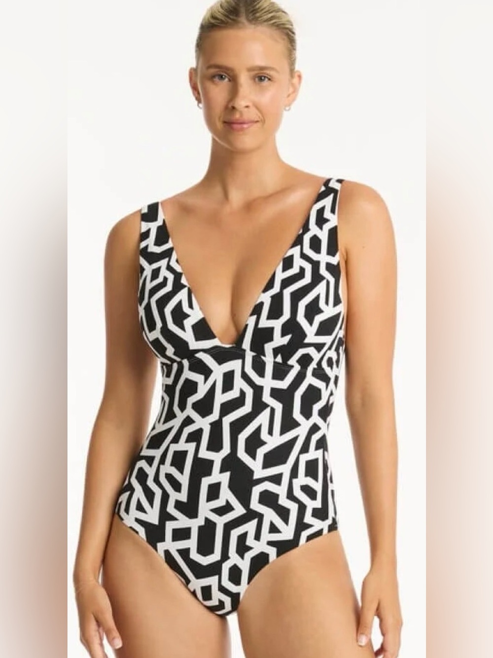 Sea Level Deco Longline Tri Black & White Geometric V-Neck One-Piece Swimsuit